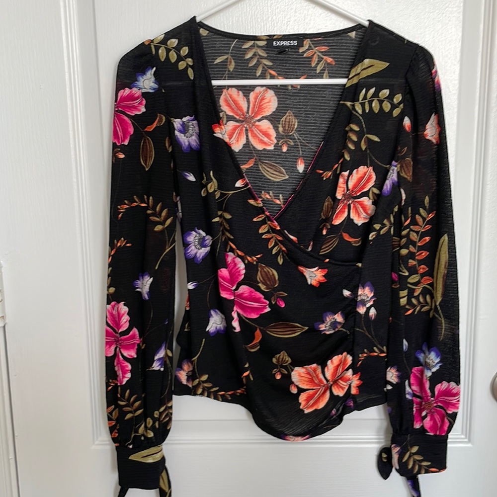 Express Faux-wrap Black Print Top Small